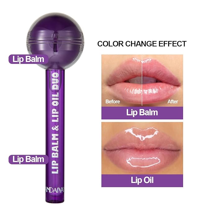 Tinted Lip Balm Lollipop Lip Gloss, Magic pH Color Changing Pink Lipstick & Vitamin E Clear Lip Oil Combo, Hydrating Plumping Lip Care Product for Girls (Purple)-VivaGrace Women