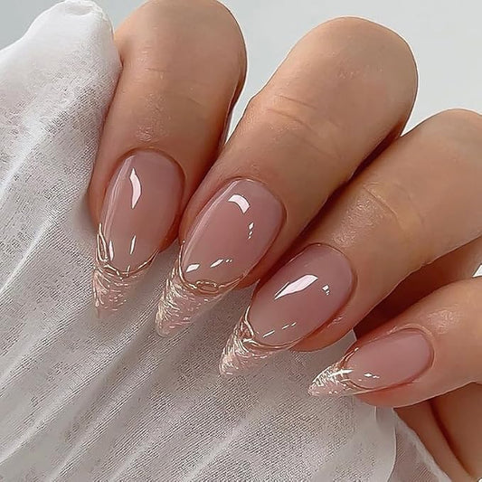 French Press On Nails medium Almond 24 Pcs, Gold Tip Designer Reusable Acrylic Fake Nails with Glue, Glossy Soft Gel Nails Wedding and Party, Stick On Glue On Nails, Nial for Women Gift