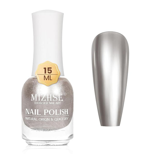 MIZHSE Quick Dry Chrome Nail Polish, Silver Mirror Nail Polish 15ml/0.5fl.oz, Air Dry Fast Mirror Metallic Effect for Fingernail Toenail Manicure Home