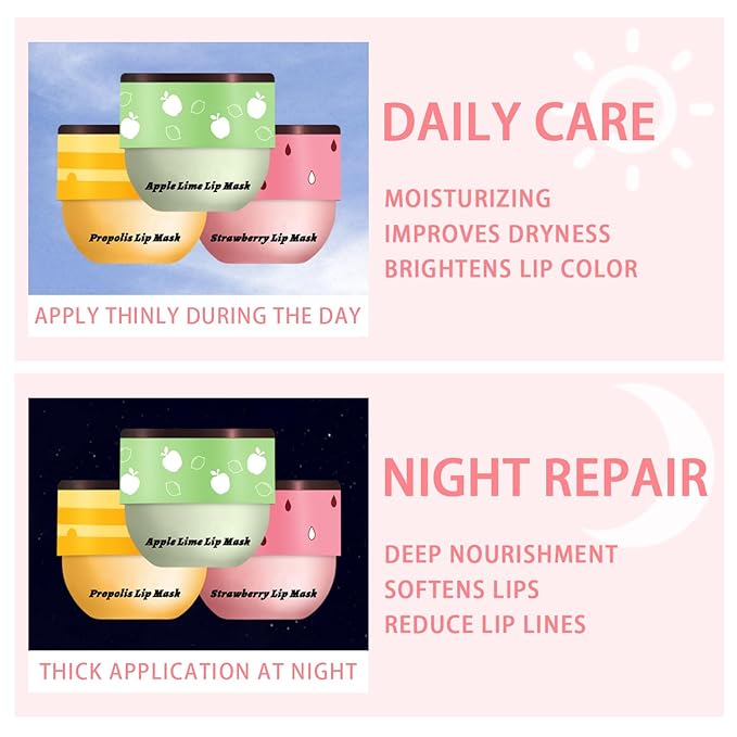 3 Pcs Bee Lip Balm Honey Pot, Honey Strawberry Apple Lip Mask Overnight, Moisturizing Lip Sleeping Mask, Hydrate Repair Prevent Dry Cracked Lip Exfoliator Lip Care (Honey+Strawberry+Apple Lime)-VivaGrace Women