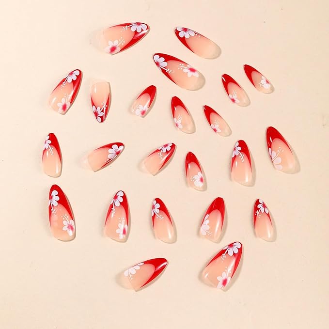 Red French tips Press on Nails Medium Almond Fake Nails with Floral Design White Flower Glue on Nails Glossy Spring Nails Reusable Summer False Nails for Women Girls Manicure 24pcs