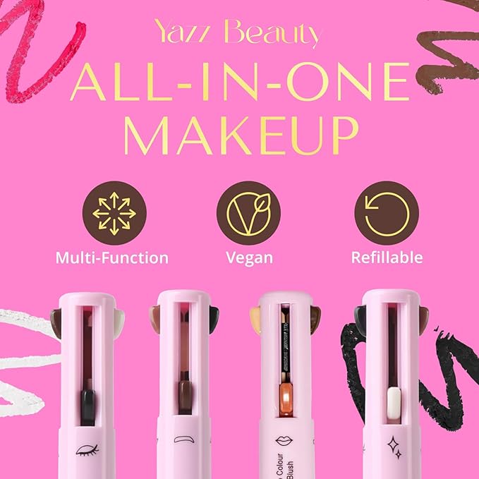 YazzBeauty - 4 in 1 Makeup Touch Up Pen with Hot Pink Lip Liner, Black Eyeliner, Dark Brown Eyebrow Pencil, and Shimmer White Highlighter, Compact Beauty Pen, Smudge Proof, Vegan, Cruelty-Free