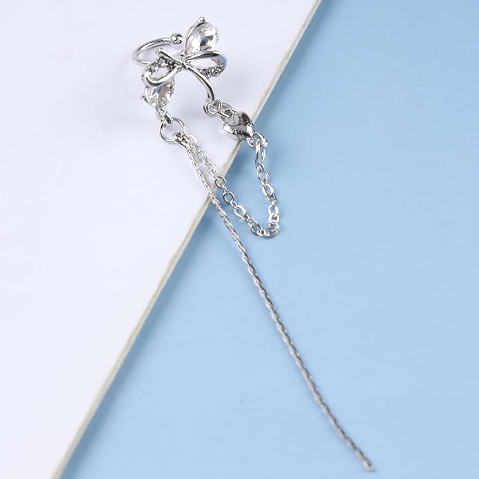Vintage Crystal Bow Ear Cuff Earrings Rhinestone Bow Cuff Earrings Silver Long Chain Tassel Earrings Cz Chain Dangle Earrings Jewelry for Women-VivaGrace Women