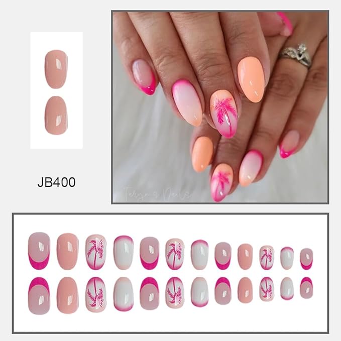 Coconut Tree Press on Nails Medium Almond Fake Nails with Design Ombre Orange Glue on Nails Glossy Spring Nails Reusable Pink French tips Gradient Summer False Nails for Women Girls Manicure 24pcs