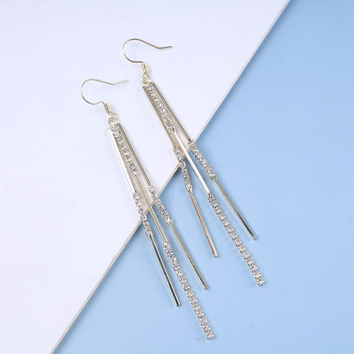 Vintage Crystal Tassel Earrings Rhinestone Bar Drop Earrings Long Rhinestone Chain Earrings Gold Cz Bar Hook Earrings Sparkle Tennis Chain Earrings Jewelry for Women-VivaGrace Women