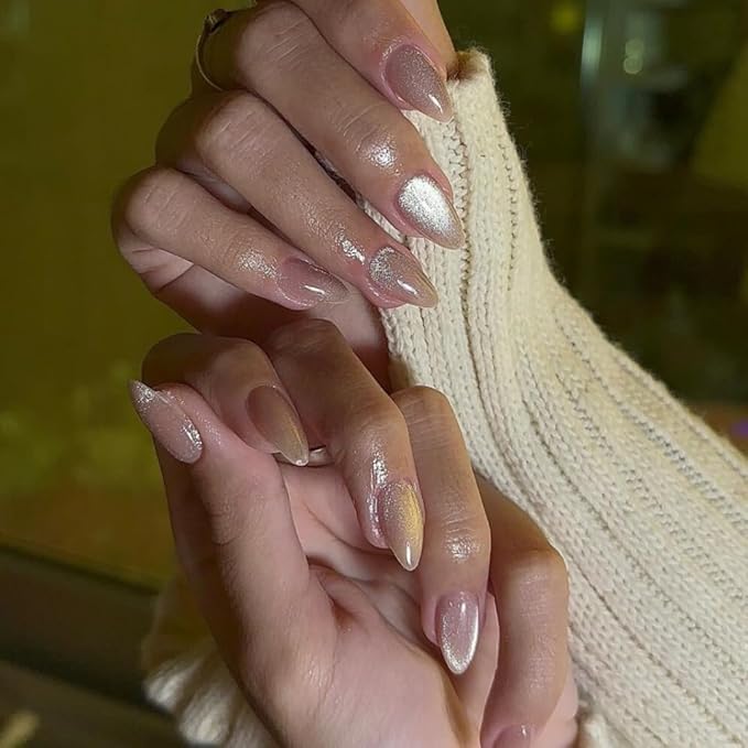 KQueenest Glitter Cat Eye Press on Nails Medium Short Almond, 30 Pcs Thick Cute Acrylic Nails Press on, Gel Fake Nails Short with UV Coating, Reusable Glue on Nails for Women Daily Wear, Nude Sparkle