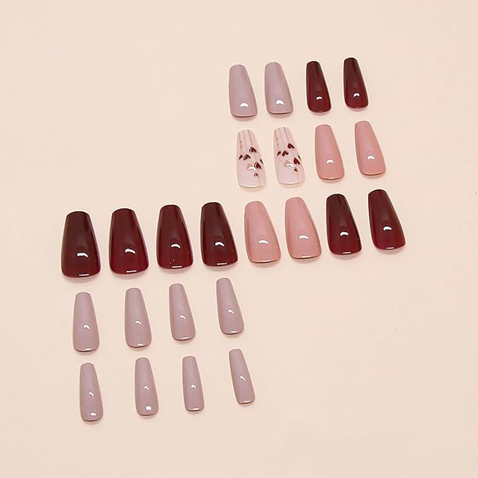 Coffin Press on Nails Medium Fake Nails Red Brown False Nails with Heart Designs Holiday Nail Press ons Glossy Artificial Nails Natural Stick on Nails for Women 24Pcs
