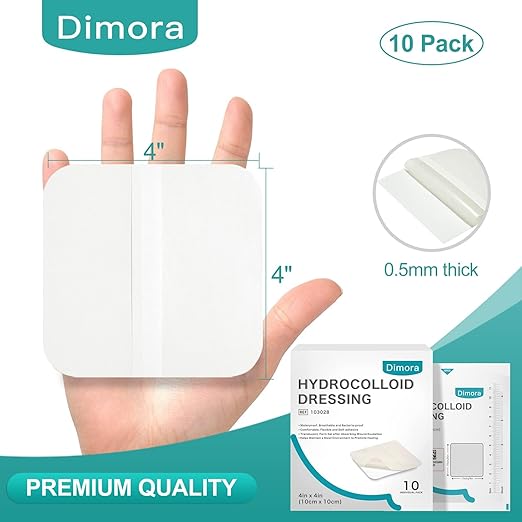 Dimora Hydrocolloid Dressing 4" x 4" for Wound Care, 10 Pack Large Patch Bandages with Self-Adhesive for Bedsore, Burn, Blister, Acne Care, Super Absorbent for Fast Healing-VivaGrace Women