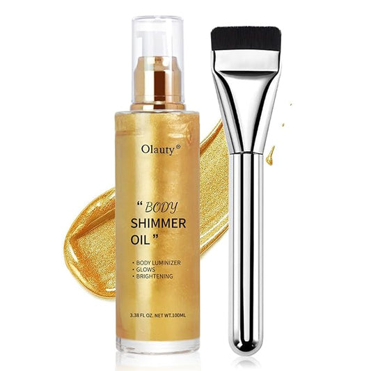 Shimmer Body Oil-Gold Face Brighten Glow Pearl Highlighter Liquid Illuminator Body Glow Oil,4 Color Bronze Makeup Glitter Body Shimmer Oil with Makeup Brush-VivaGrace Women