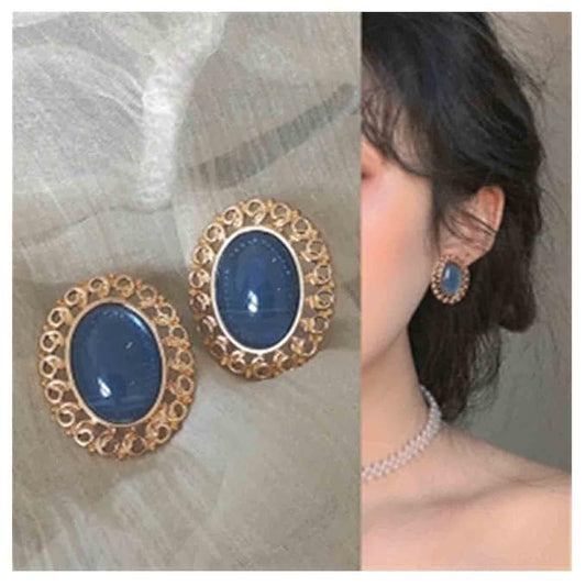 Vintage Oval Blue Gem Earrings Blue Lapis Earrings Antique Halo Oval Earrings Custom Oval Studs Earrings Jewelry for Women and Girls Gifts-VivaGrace Women