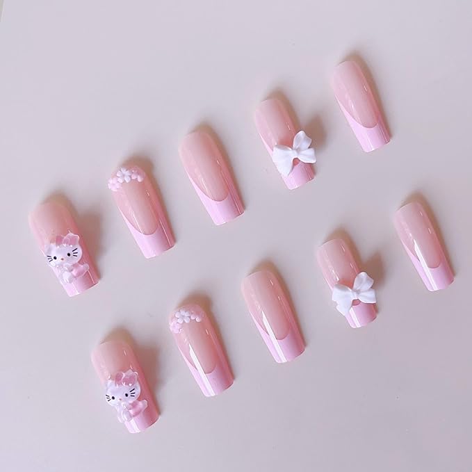 24Pcs French Tip Press on Nails Medium Pink False Nails with Bow Design, Cartoon Cute Nails Press ons Pink Stick on Nails Acrylic Nails Square False Nails for Women