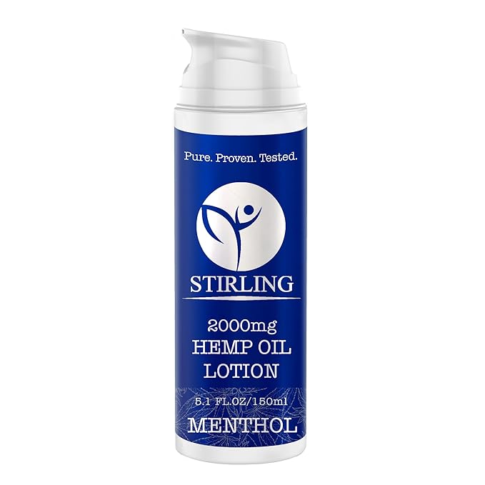 STIRLING Menthol Lotion + Hemp Oil – Maximum strength relief with cooling menthol and 100% pure hemp oil to soothe joints, relax muscles, and hydrate with aloe vera. 5 fl oz. (2000mg, Menthol)-VivaGrace Women
