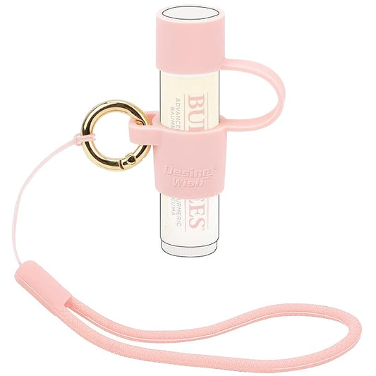 Desing Wish Silicone Lip Balm Holder with Cap Cover Portable Chapstick Holder Keychain Sleeve Lip Balm Key Chain with Key Ring and Wrist Strap Lanyard - Pink-VivaGrace Women