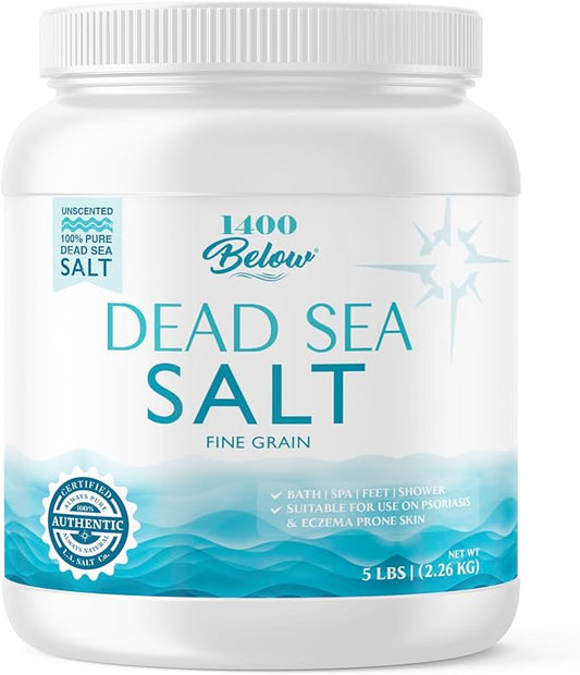1400 Below 5 Lbs Jar Dead Sea Salt, Fine Grain - Foot and Spa Bath Soak, Exfoliating Body Scrub, 100% Pure and Mineral-Rich, Highest Mineral Content – Natural Muscle Tension Relief-VivaGrace Women