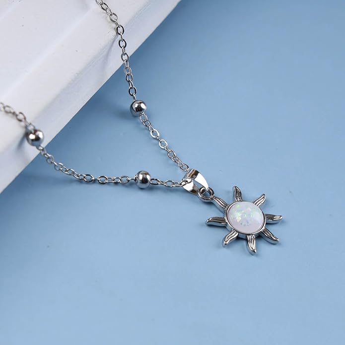 Vintage Opal Crystal Sun Pendent Necklace Opal Sunburst Necklace Moonstone Sun Choker Necklace Gold Ball Chain Necklace Jewelry for Women (Gold)-VivaGrace Women