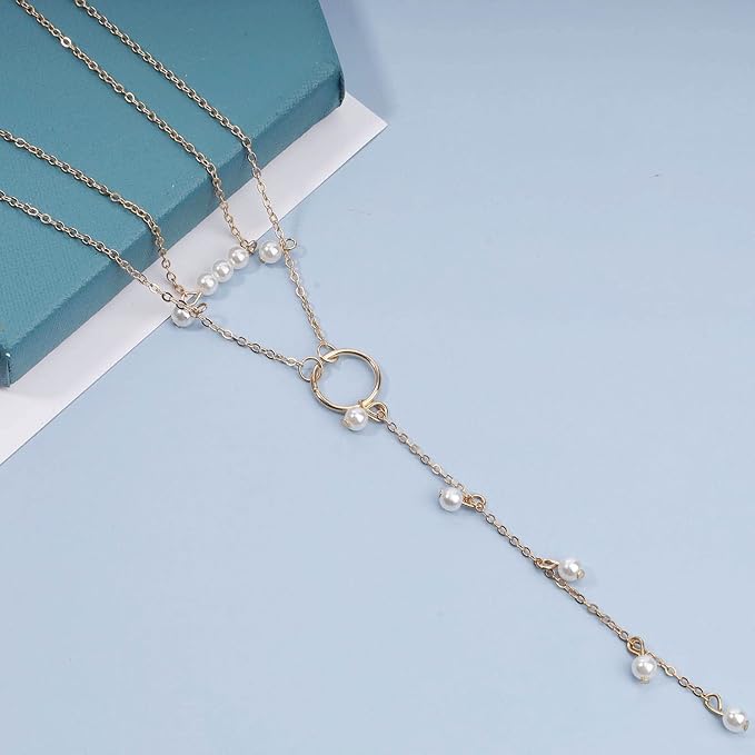 Boho Circle Pearl Lariat Necklace Gold Long Lariat Chain Necklace Tiny Pearl Choker Necklace Drop Pearl Chain Y Necklace Jewelry for Women and Girls Gifts-VivaGrace Women