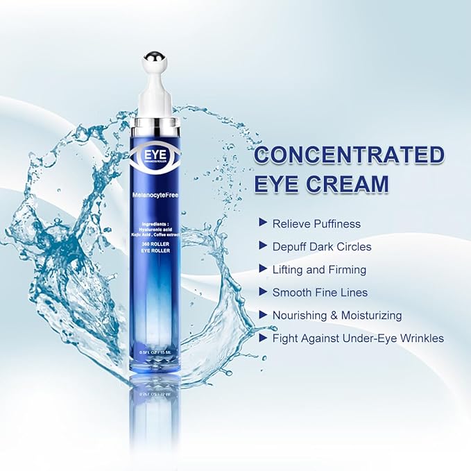 Caffeine Eye Serum,Under Eye Roller Serum with 360° Massage Ball,Eye Contour Cream for Dark Circles and Puffiness Wrinkles Fine Lines-VivaGrace Women