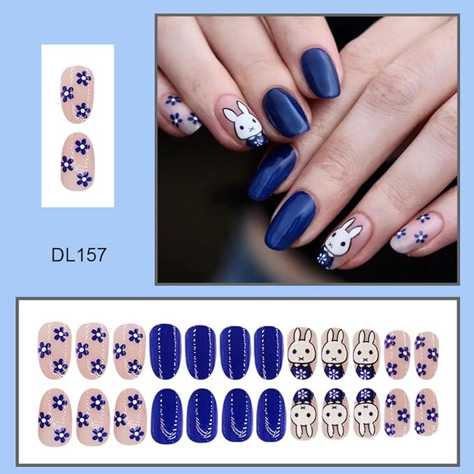Easter Press on Nails Blue Medium Almond Fake Nails with Bunny Design Cute Rabbit Nails Press ons, Flower False Nails Glossy Reusable Spring Nails for Women Girls Manicure 24pcs