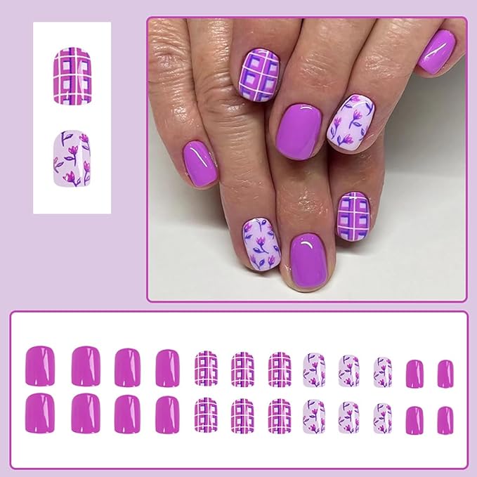 24Pcs Purple Flower Press on Nails Short Square Fake Nails Purple Floral Checkerboard Stripe Designs Press Ons Full Cover Glossy Glue on Nails Purple False Nails Reusable Coffin Nails for Women Girls