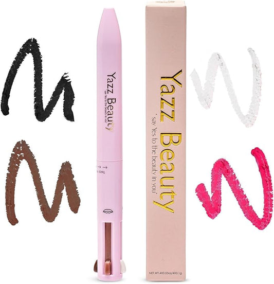 YazzBeauty - 4 in 1 Makeup Touch Up Pen with Hot Pink Lip Liner, Black Eyeliner, Dark Brown Eyebrow Pencil, and Shimmer White Highlighter, Compact Beauty Pen, Smudge Proof, Vegan, Cruelty-Free