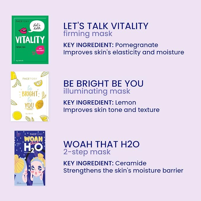 FACETORY K Beauty Face Mask Skin Care - BEST OF 7 COLLECTION Sheet Mask Set (21 pc) | Natural Premium Korean Face Mask For All Skin Types - No Sulfates No Parabens-VivaGrace Women
