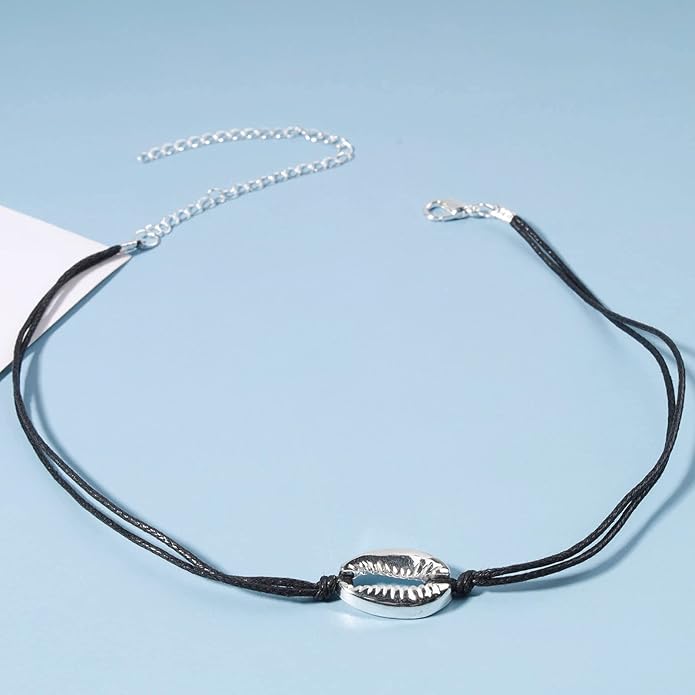 Boho Layered Suede Choker Necklace Black Leather Shell Necklace Silver Sea Shell Necklace Short Minimalist Collar Necklace Chain Jewelry for Women Beach Lover Gifts-VivaGrace Women