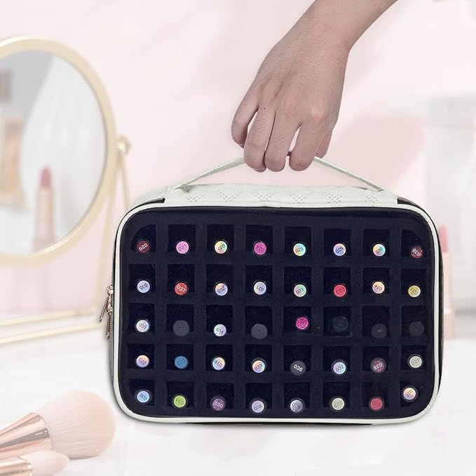 Nail Polish Bag organizer-Holds 40 bottles(15ml-0.5fl.oz)，Nail Polish Carrying Case Clear Multifunctional Cosmetic Travel Cases Makeup Bags Beige
