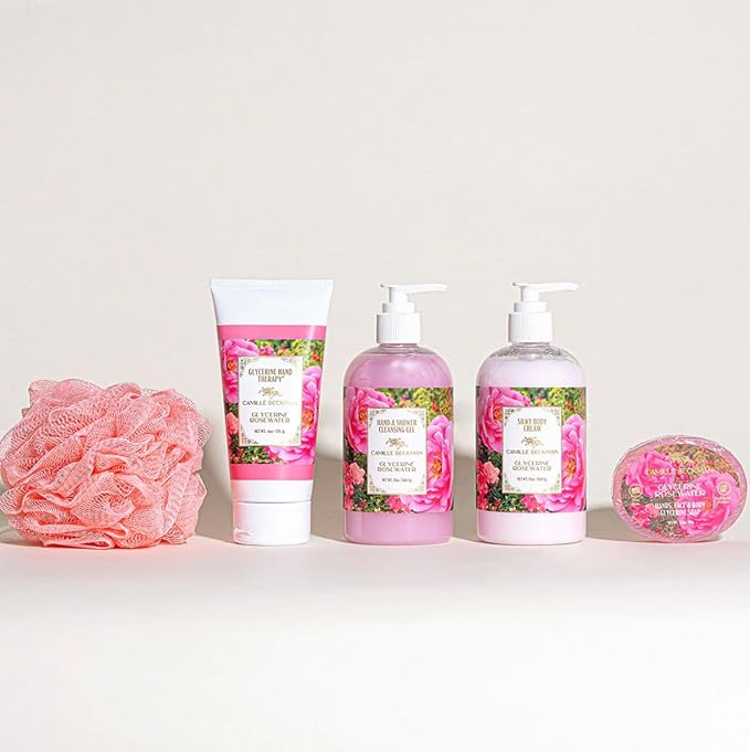Camille Beckman Essentials Gift Basket, Glycerine Rosewater, Glycerine Hand Therapy 6 oz, Silky Body Cream 13 oz, Hand and Shower Cleansing Gel 13 oz, Glycerine Soap 3.5 oz-VivaGrace Women