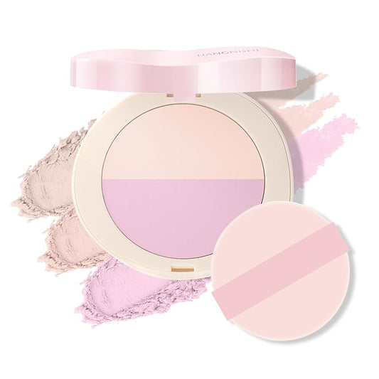 Pink Setting Powder, 3 in 1 Blush Palette with Puff, Highlighter Palette, Fine Texture Blush Pressed Powder, Setting Powder Makeup, Korea Makeup - Purple-VivaGrace Women