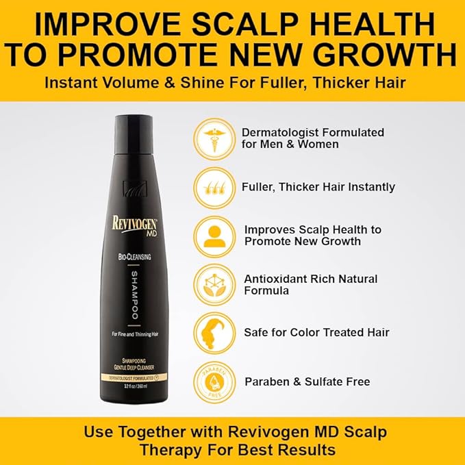 Revivogen MD Bio-Cleansing Shampoo for Thinning Hair, DHT Blocker Shampoo, Hair Loss Shampoo, Shampoo Thinning Hair, Soothes Scalp, Routine Shampoo for Women/Men Hair Loss, Hair Shampoo, 12oz-VivaGrace Women