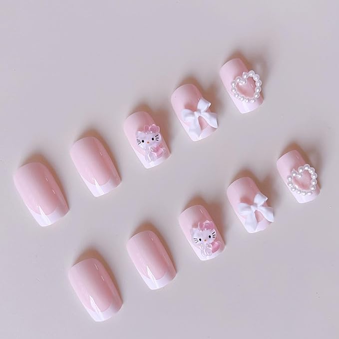 French Tip Press on Nails Short Cute Pink Nail Art Cartoon with Pearl Heart Bow Design, White French Nails Press ons False Nails Fashion Fingernails 24pcs