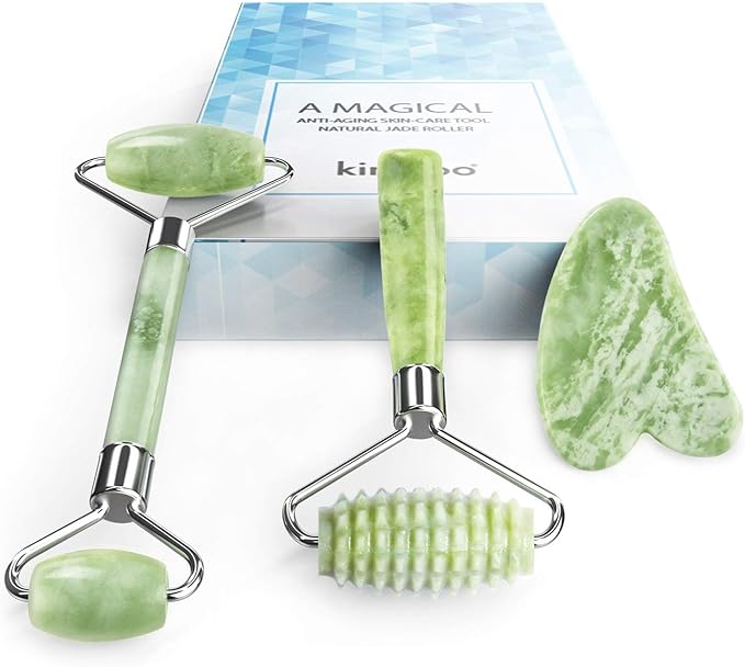 kimkoo Jade Roller and Gua Sha for Face-3 in 1 Kit with Facial Massager Tool,100% Real Natural Jade Stone Anti Aging,Face Beauty Set for Eye Anti-Wrinkle-VivaGrace Women
