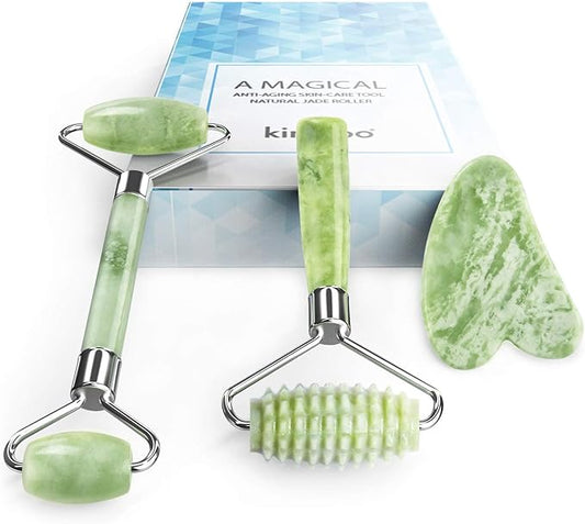 kimkoo Jade Roller and Gua Sha for Face-3 in 1 Kit with Facial Massager Tool,100% Real Natural Jade Stone Anti Aging,Face Beauty Set for Eye Anti-Wrinkle-VivaGrace Women