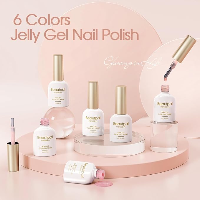 Beautpal Nude Gel Polish Set Milky Nude Sheer Pink Jelly Gel Polish Nail Kit Soak Off UV Translucent Nail Polish Gel 6PCS 8ml