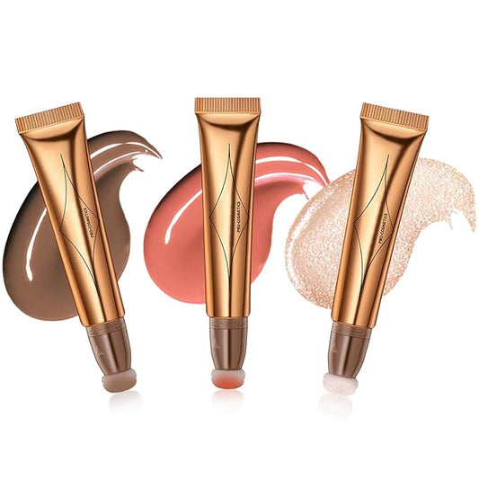 Liquid Contour Beauty Wand Set,Blush Liquid Contour Stick Highlighter Makeup With Cushion Applicator,Long Lasting Smooth Natural Matte Finish,Lightweight Blendable Super Silky Cream Sticks (01#02#04)-VivaGrace Women