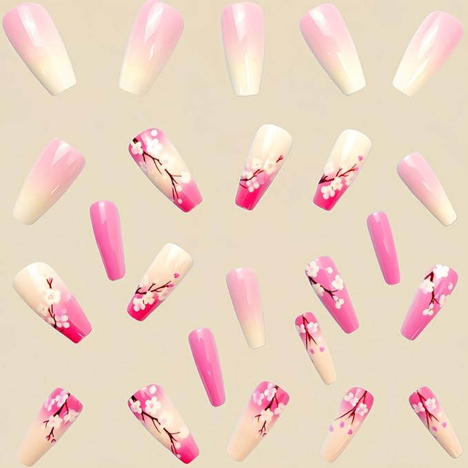 Press on Nails Medium Coffin Fake Nails with Flower Designs Nude Pink Gradient Full Cover Stick on Nails Purple Artificial Acrylic Nails for Women and Girls