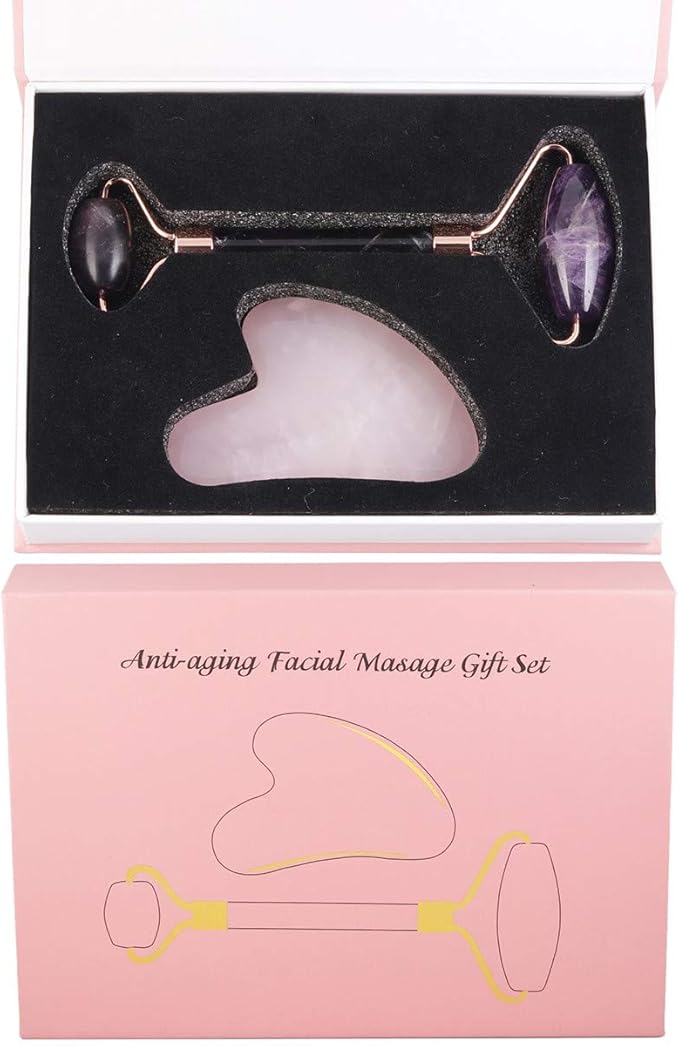 Rockcloud Natural Crystal Jade Roller and Gua Sha Scraping Set Massager Tool for Anti Aging Beauty Neck Body Reduce Wrinkles Facial Massager Therapy Amethyst and Rose Quartz-VivaGrace Women