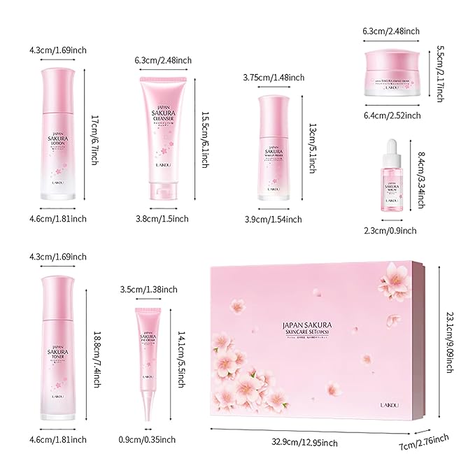 Skin Care Set JAPAN SAKURA Beauty Gift Sets Skin Care Kit with Cleanser, Toner, Lotion, Serum, Eye Cream, Face Cream, Make up Primer Travel Kit for Women Wife Mom 7pcs-VivaGrace Women