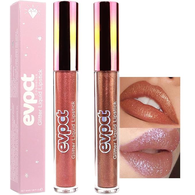 evpct 2Pcs Bronze Gold Nude Gold Matte to Glitter Liquid Lipstick Set for Women Long Lasting Glossy Metallic Shimmer Sparkle Lipstick Lip Gloss 5+14-VivaGrace Women