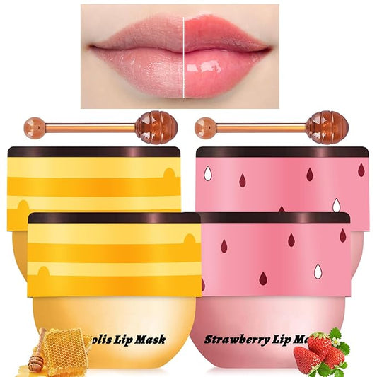 4PCS Bee Lip Balm Honey Pot, Honey Strawberry Lip Balm Lip Mask with Stick, Moisturizing Sleeping Lip Mask Day & Night Lip Care - Hydrate Repair Prevent Dry Cracked Scrub (2 Honey & 2 Strawberry)-VivaGrace Women