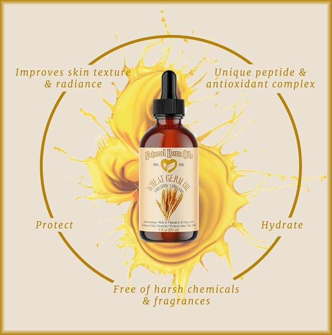 Natural Born Oils Wheat Germ Oil. 4oz. 100% Pure, Natural, Organic, Cold-pressed, Unrefined, Rejuvenating, Rich in Vitamin E. Moisturizer for Skin Hair-VivaGrace Women