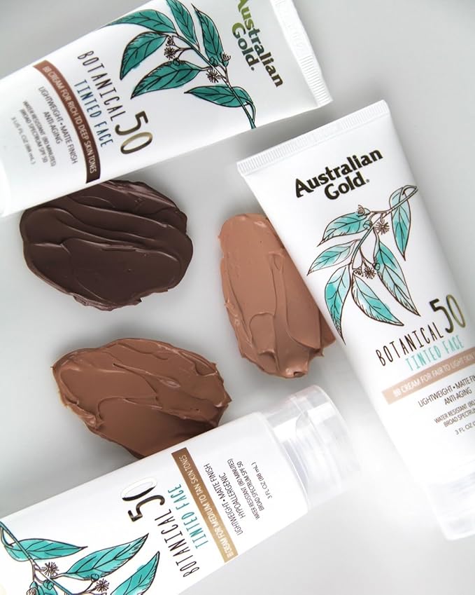 Australian Gold Botanical SPF 50 Tinted Mineral Sunscreen for Face, Non-Chemical BB Cream, Water-Resistant, Matte Finish, For Sensitive Facial Skin, Medium to Tan Skin Tones, 3 FL Oz-VivaGrace Women