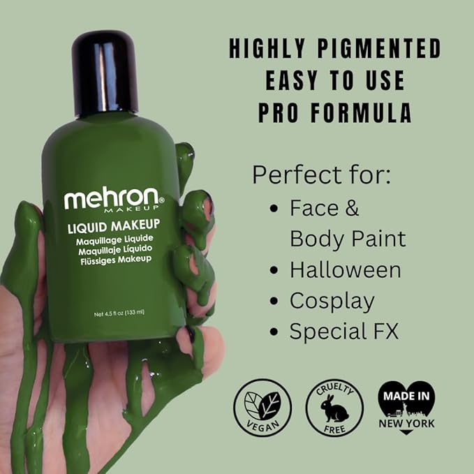 Mehron Makeup Liquid Makeup | Face Paint and Body Paint Perfect for Halloween, Cosplay I Air Brush Compatible 4.5 oz (133 ml) (GREEN)-VivaGrace Women