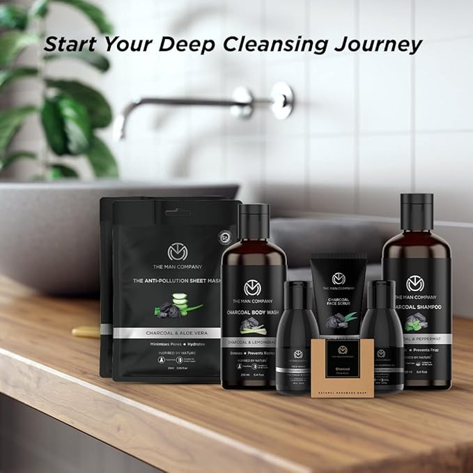 The Man Company Ultimate Charcoal Detan Kit with Elegant Gift Box | Charcoal Body wash, Shampoo, Face Scrub, Face wash, Charcoal Soap, Cleansing gel, Charcoal Sheet mask*2 (Set of 8)-VivaGrace Women