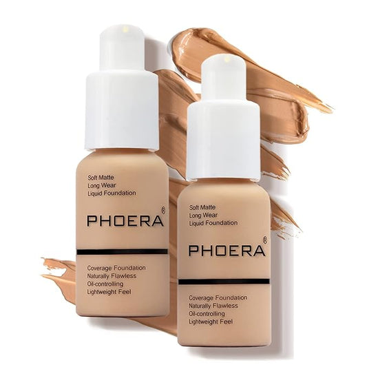 PHOERA Foundation Makeup Naturally Liquid Foundation Full Coverage Mattle Oil-Control Concealer 8 Colors Optional,Great Choice For Gift (2pcs,#104 Buff Beige)-VivaGrace Women