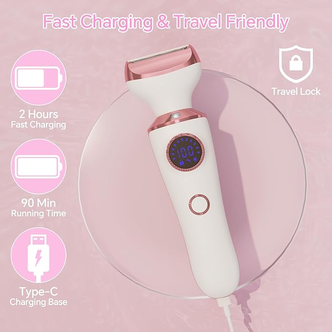 Electric Razor for Women, 4-in-1 Bikini Trimmer & Body Shaver for Face, Legs, Underarms, Pubic Hair, Rechargeable Wet/Dry Painless Hair Removal with LED Light & Travel Lock-VivaGrace Women