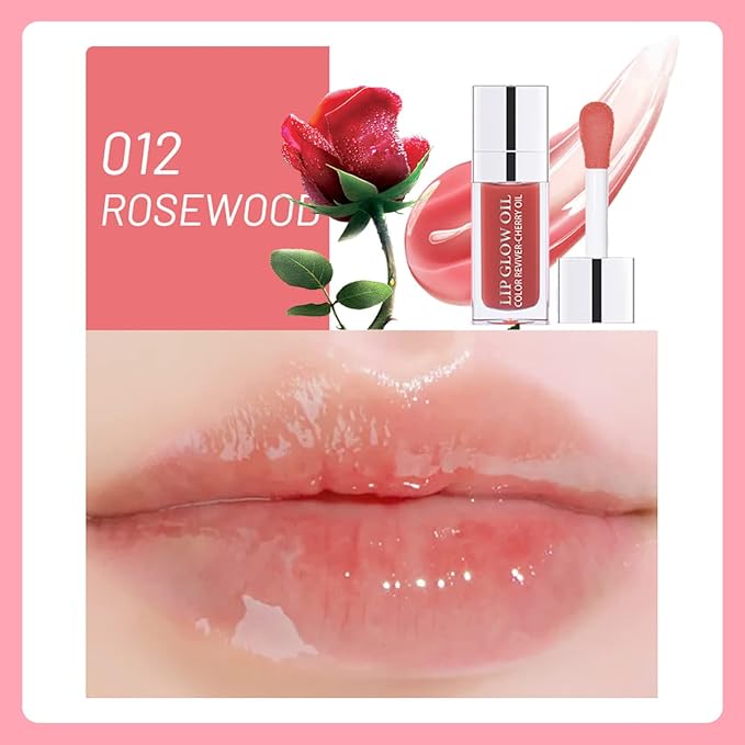 Lip Oil Hydrating Tinted Lip Balm, Plump Lip Gloss Lip Care Transparent Toot Lip Oil Tinted, Glass Lip Glow Oil Fresh Texture & Non-sticky, Nourishing Repairing Lightening Lip Lines Lip Care Products (012# ROSEWOOD)-VivaGrace Women
