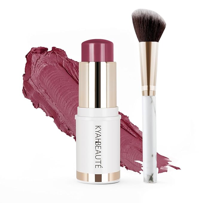 Blush Stick, Cream Blush for Cheeks and Lip Tint, Dewy Finish, Buildable & Blendable Color, Lightweight & Long-Lasting Formula| Rosemary-Mauve & Angled Blush Brush（0.53fl.oz）-VivaGrace Women