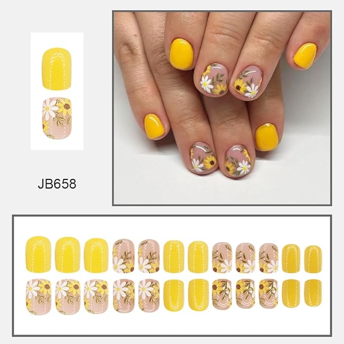 24Pcs Press on Nails Short Square Fake Nails Spring Sunflower Fake Nails Yellow Spring False Nails Full Cover Stick on Nails Flower Glue on Nails Cute Artificial Acrylic Nails for Women Girls