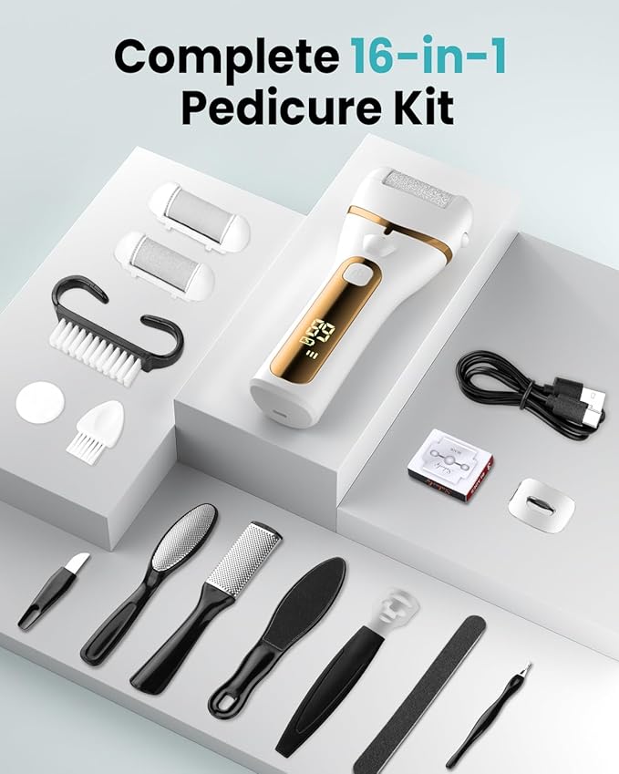 PUBOO Foot Callus Remover Electric 10000 RPM 3-Speed IPX7 Rechargeable Pedicure Kit for Hard Skin Women & Men. Portable Multi-Roller File Grinder Sander Scrubber with LED Display for Wet & Dry Feet-VivaGrace Women